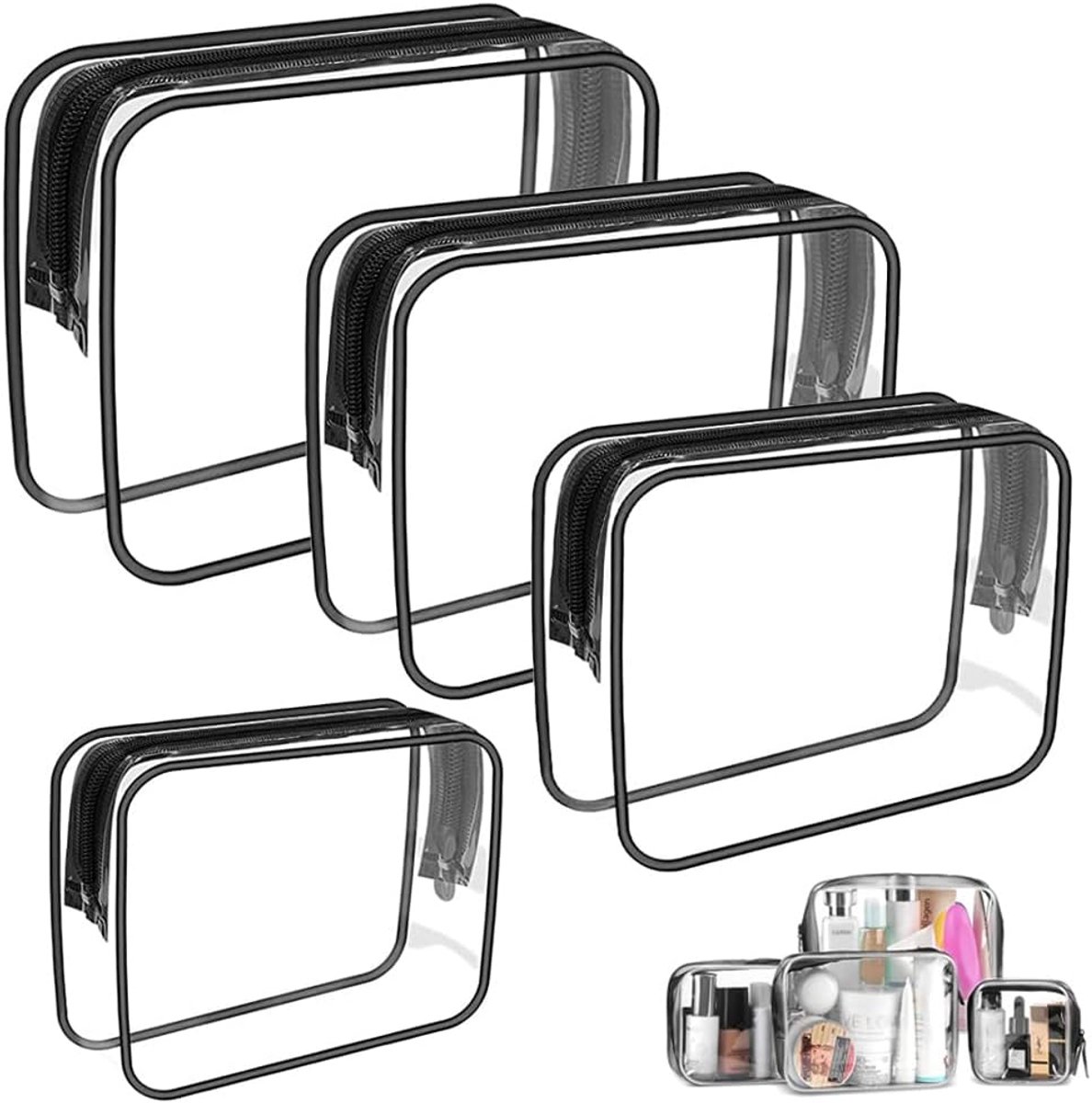 SnelShoppen - 4 Stuks Transparante Cosmetica Tas Toilettas Set PVC Waterdicht Met Rits, 4 Maten, Ideaal Voor Reizen, Camping, Dagelijks Gebruik