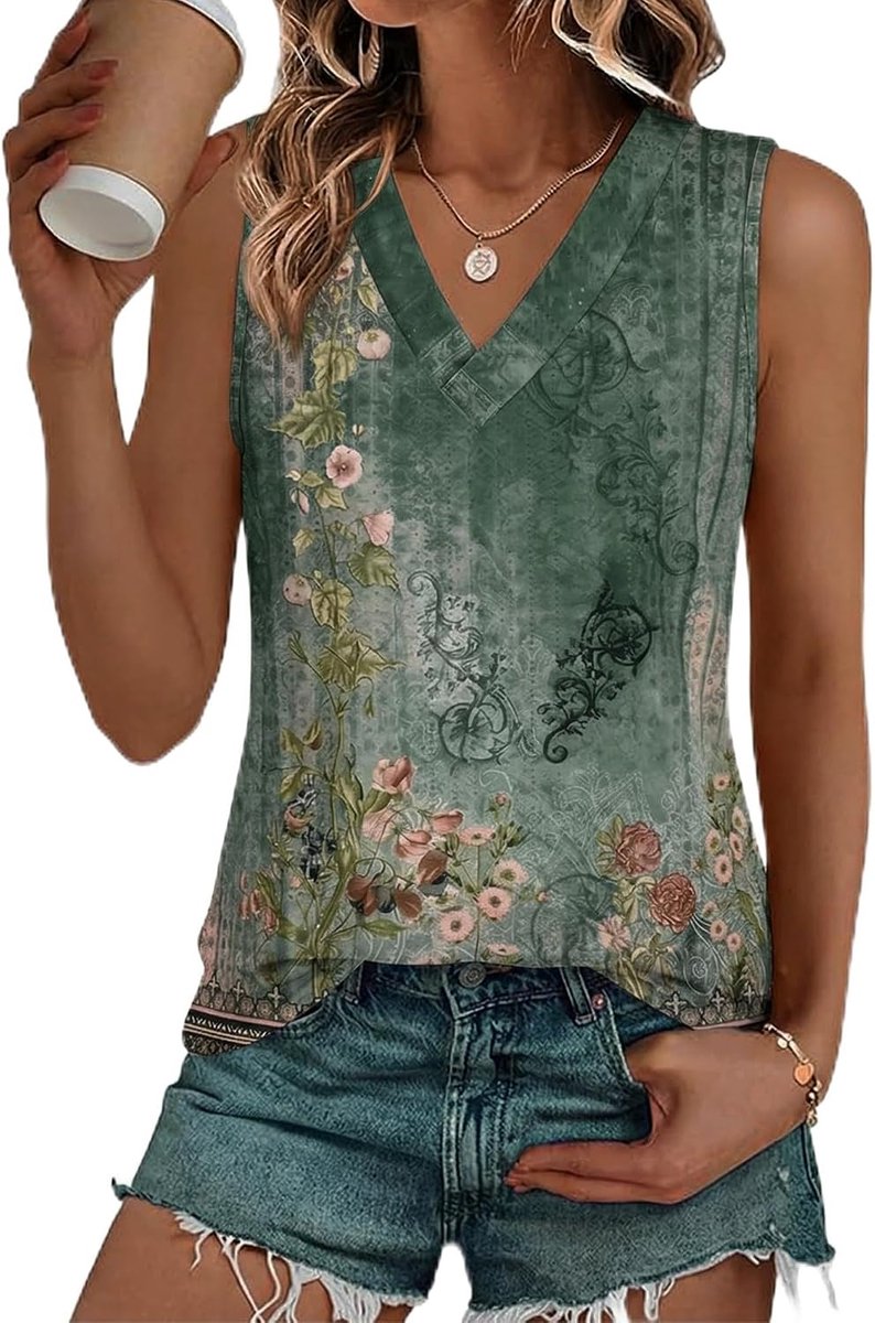 Damestop, zomer, chic, borduurwerk, Engels, V-hals, mouwloos, top, dames, casual