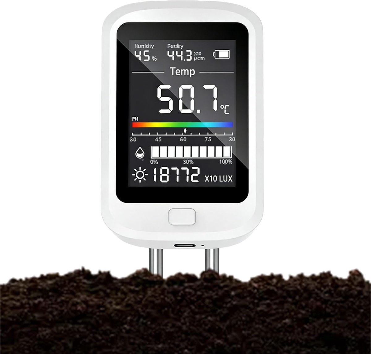 aarde, 6-in-1 vochtmeter voor planten, digitale bodemmeter voor pH, vruchtbaarheid, bodemvochtigheid, temperatuur, omgevingsvochtigheid, licht, met lcd-display voor tuin, boerderij
