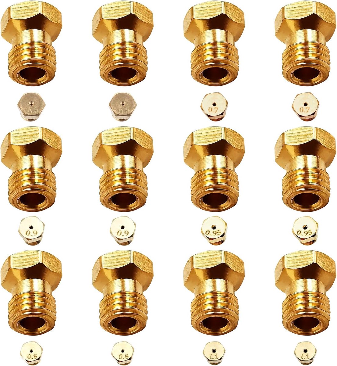 Gicleur Gasmondstukken voor gasgrill, 12 stuks Gicleur butaan, universeel, 2 x 0,5 mm, 2 x 0,7 mm, 2 x 0,8 mm, 2 x 0,9 mm, 2 x 0,95 mm, 2 x 1,1 mm, adapter GPL Bouteille Pour Plaque De Cuisson
