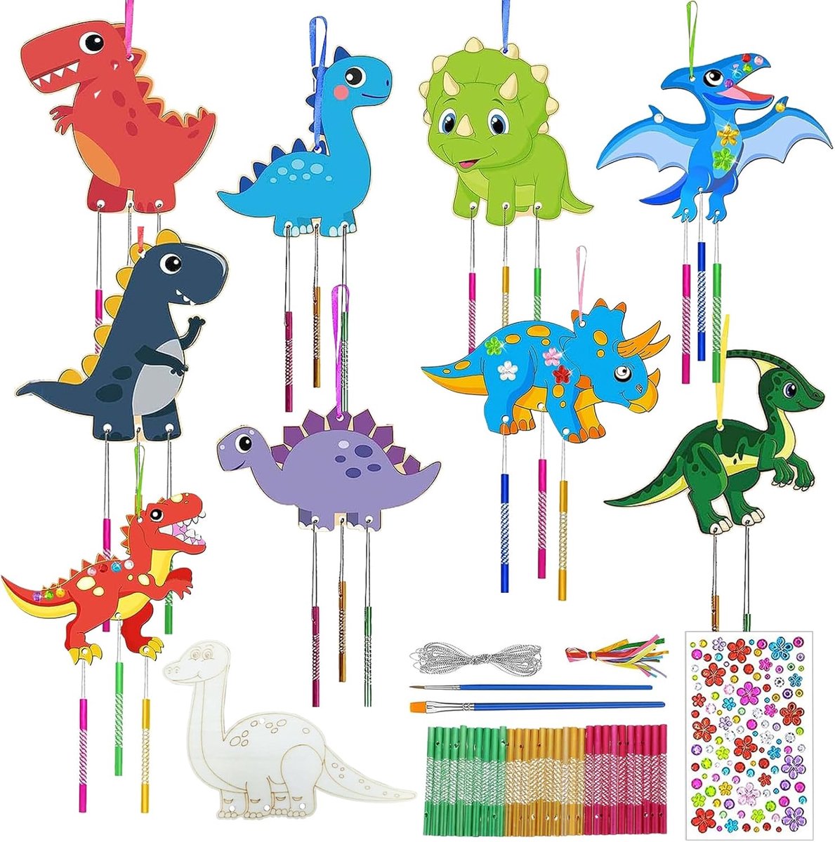 Dinosaurus windspel, knutselset voor kinderen, hout, knutselhandwerk om te beschilderen, dino, creatieve sets, doe-het-zelf handwerk, klankspel, knutselen voor meisjes en jongens,