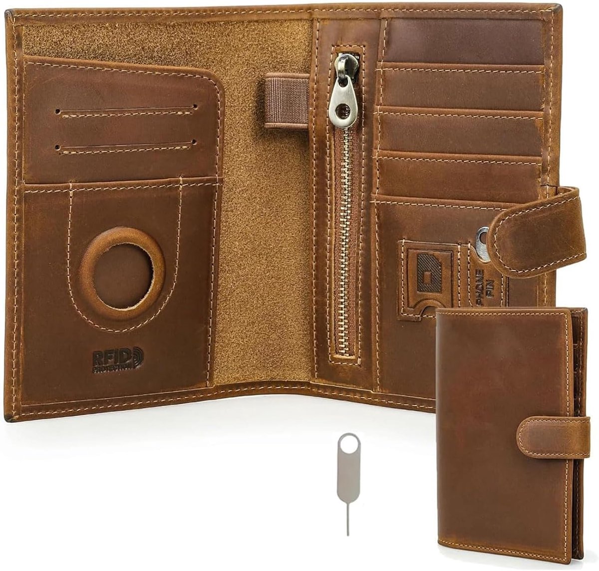 Paspoort portemonnee voor heren, echt leer, RFID-blokkerende portemonnee met AirTag-sleuf, kaartenorganizer, slanke clutch voor gezinsreizen