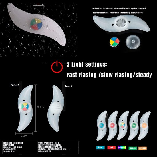 SnelShoppen - LED Fietslampen, 5 Stuks Neon Fietslampen met 3 Lichtstanden, Spakenverlichting voor MTB Veiligheid, Fietsverlichting voor Stadsfiets, V — afbeelding 3