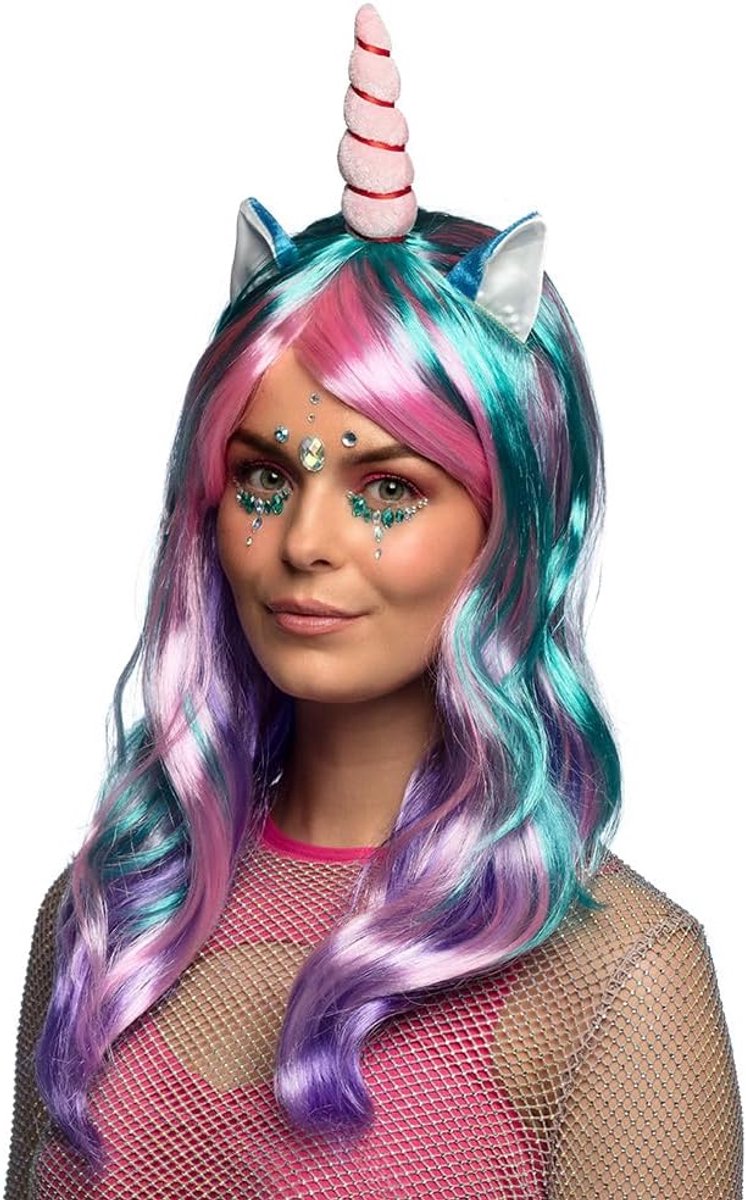 85818 - Pruik Unicorn Daydream, met oren en hoorn, lang golvend haar, eenhoorn, carnaval, halloween, themafeest, vermomming, theater