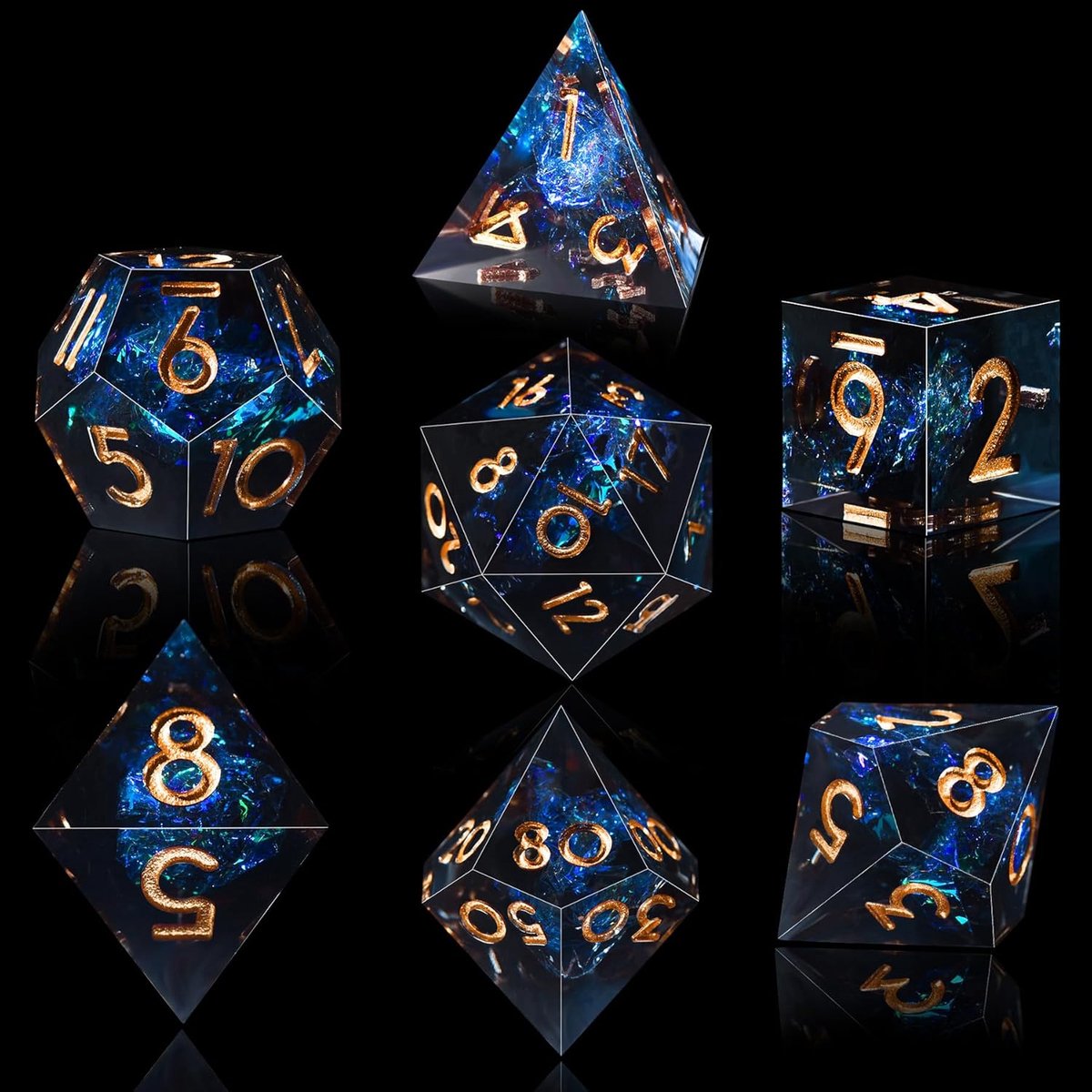 Polyedrische dobbelstenen, 7 stuks, set van 7 polyedrische dobbelstenen D4, D6, D8, D10, D12, D20, D% speeldobbelstenen voor Dungeons en Dragons, DND, RPG, MTG, donkere ster