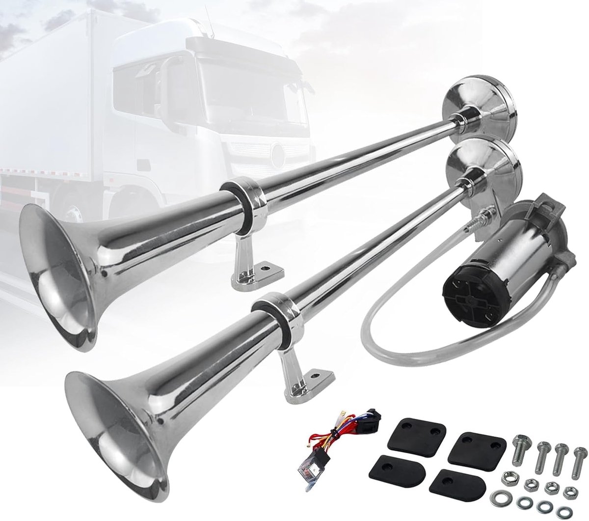 150 Db tractor-trompet, 2p vrachtwagen-horn 12v, 450 mm diameter, geschikt voor een groot aantal modellen voor auto, vrachtwagen, tractor, motorfiets en boot etc