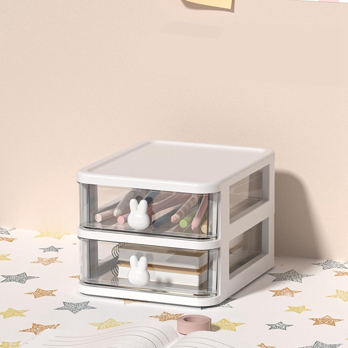 Bureau-opbergdoos Multi-tier Transparante Lades Organizer Grote Capaciteit Opberglades met Konijnenhandvat voor Kantoorbenodigdheden (2 lagen)