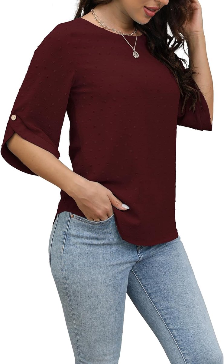 Blouse voor Dames, Ronde Hals, Modieus Casual T-shirt met 3/4 Mouwen