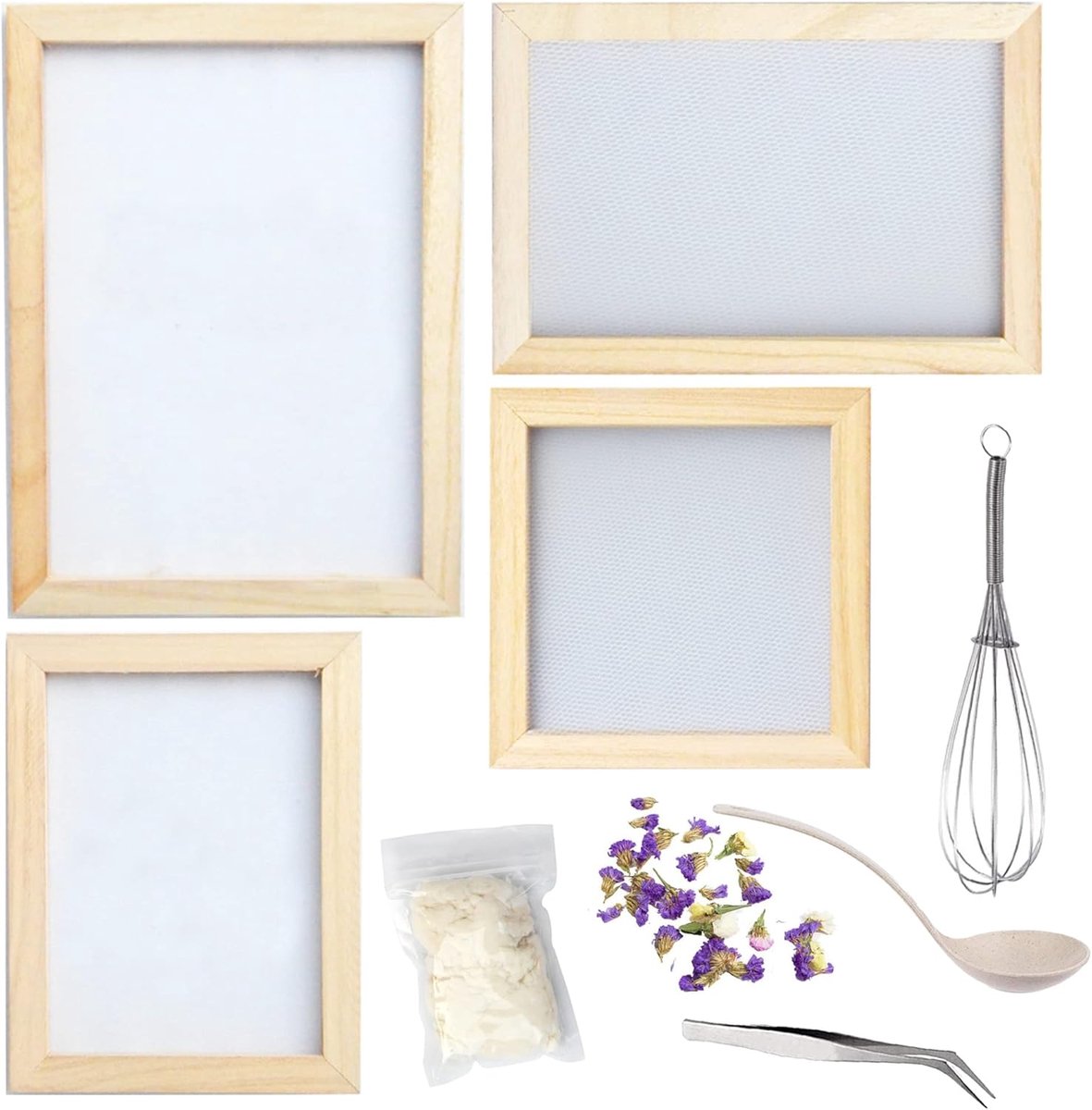 Papier maken set - 10 papier schermen - met houten grinders en gedroogde bloemen - ideaal voor creatieve projecten - ShopVlot