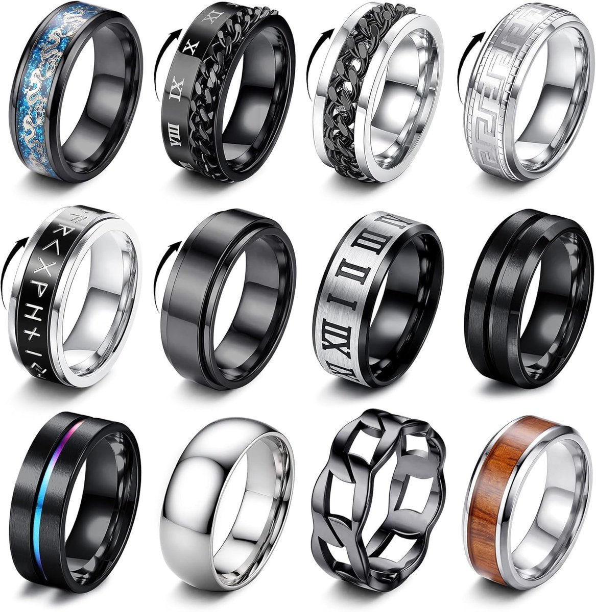 Ringen heren dames fidget ring zwart zilveren ringen set voor mannen spinner ring vintage eenvoudige trouwringen verlovingsringen maat 7-13