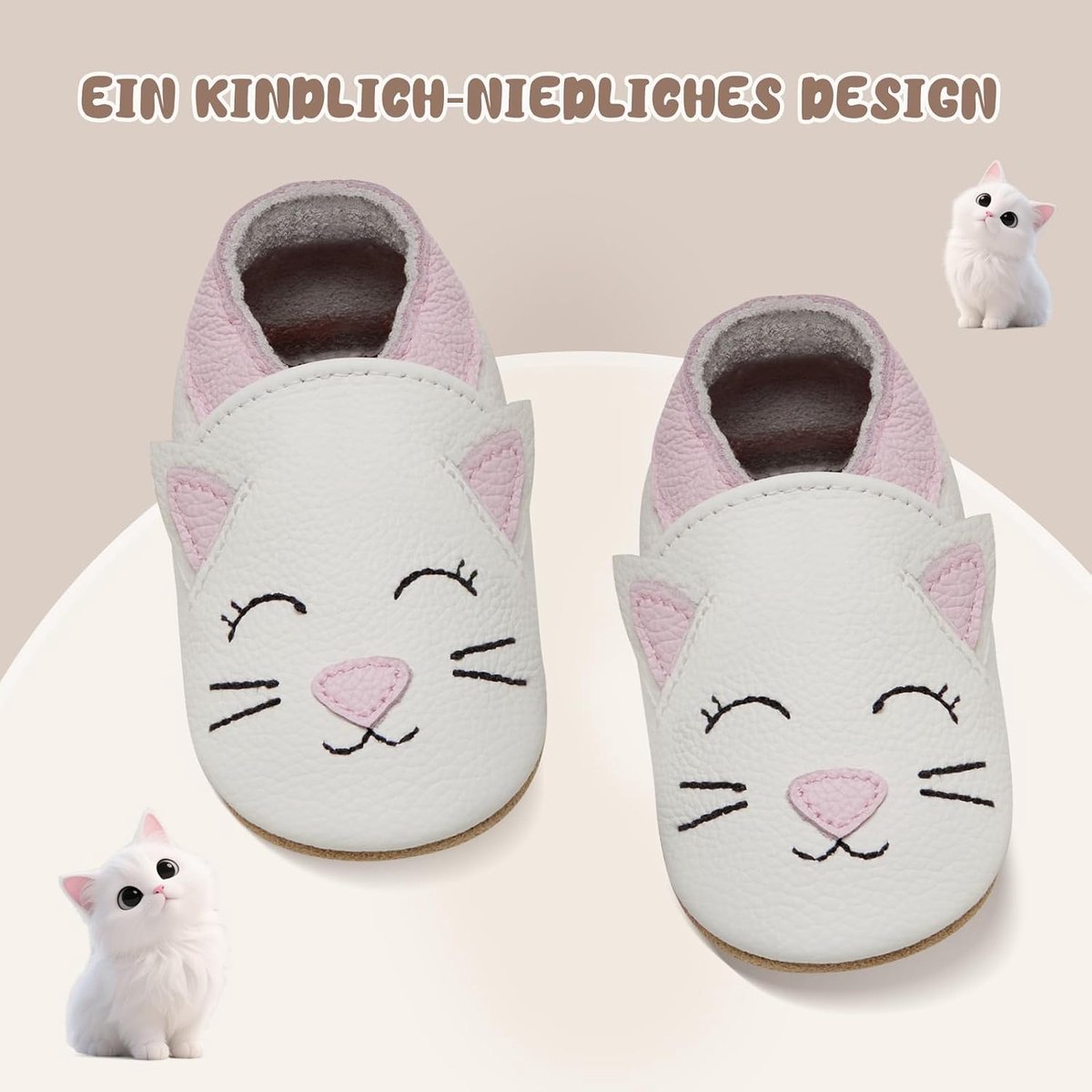 Kruipschoenen Baby Slofjes Eerste Babyschoentjes Jongens Meisjes Zacht Leer Zooltjes Babyslofjes(Witte Kat, 2-3 jaar)