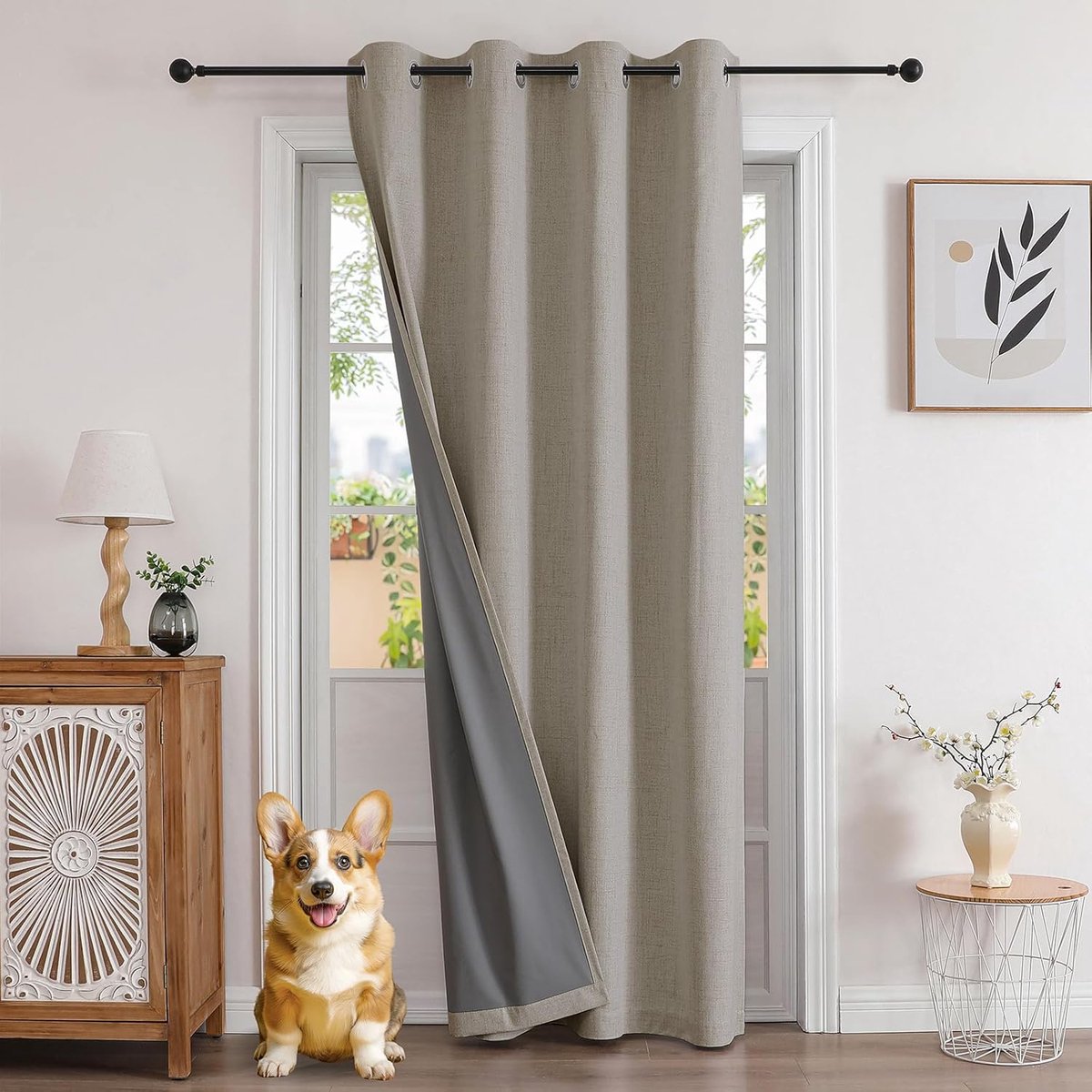 100% ondoorzichtige gordijnen met linnenlook, 1 stuk, deurgordijn, verduisterende gordijnen met oogjes, thermo, koudebescherming, hittebescherming voor slaapkamer, woonkamer, linnen, 210 x 132