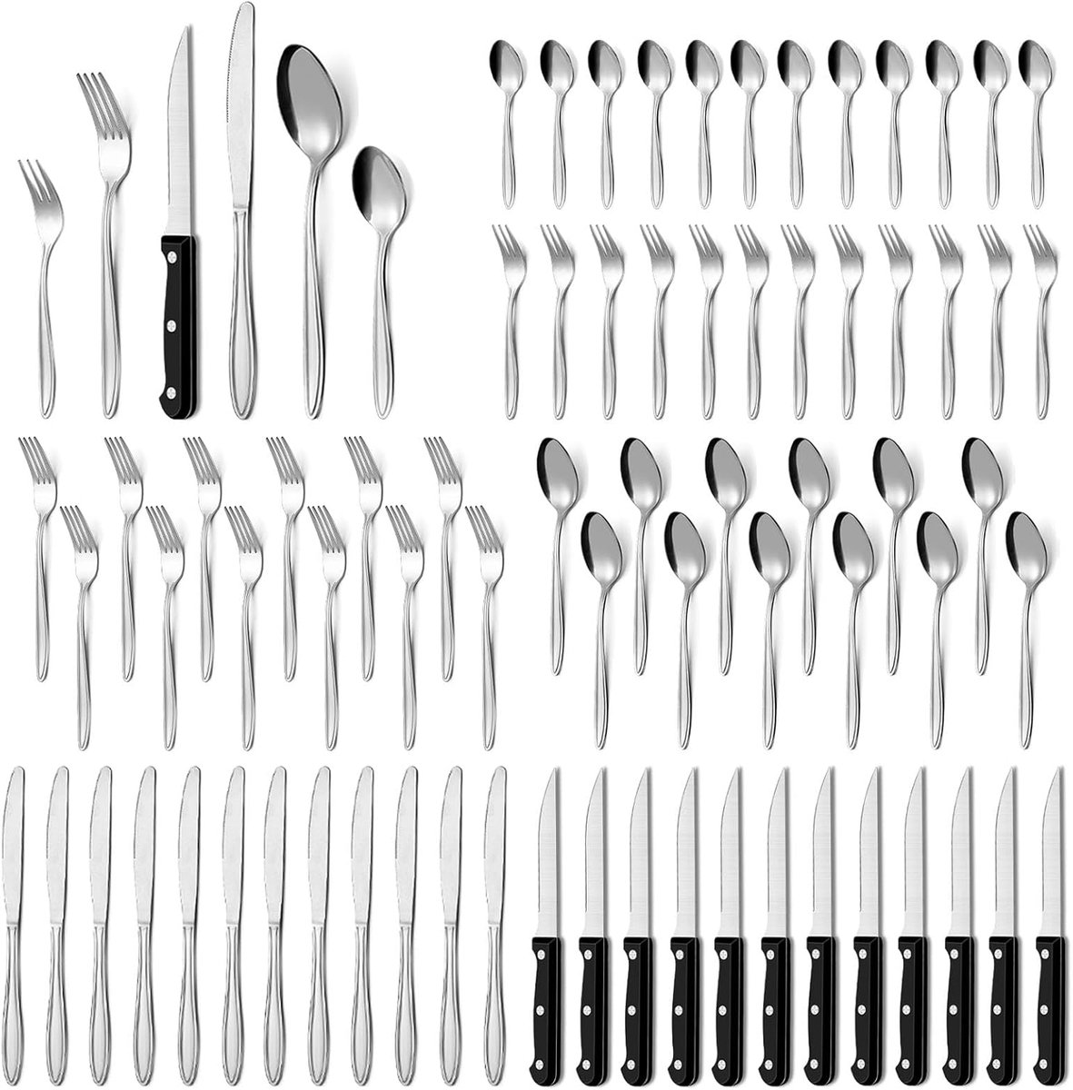roestvrijstalen bestekset voor 12 personen, 72-pcs, steakmessen, elegante en moderne vaatwasmachinebestendig