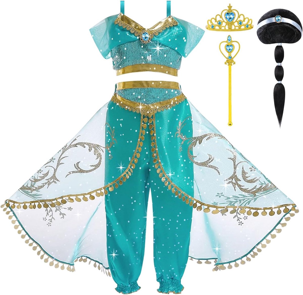 Jasmijnkostuum, 5 stuks, prinsessenjurk, kostuum voor meisjes met bovenstuk, broek, kroon, pruik en scepter, lichtgroene pailletten, kostuum, Halloween, verkleedkleding, carnaval (110-150)