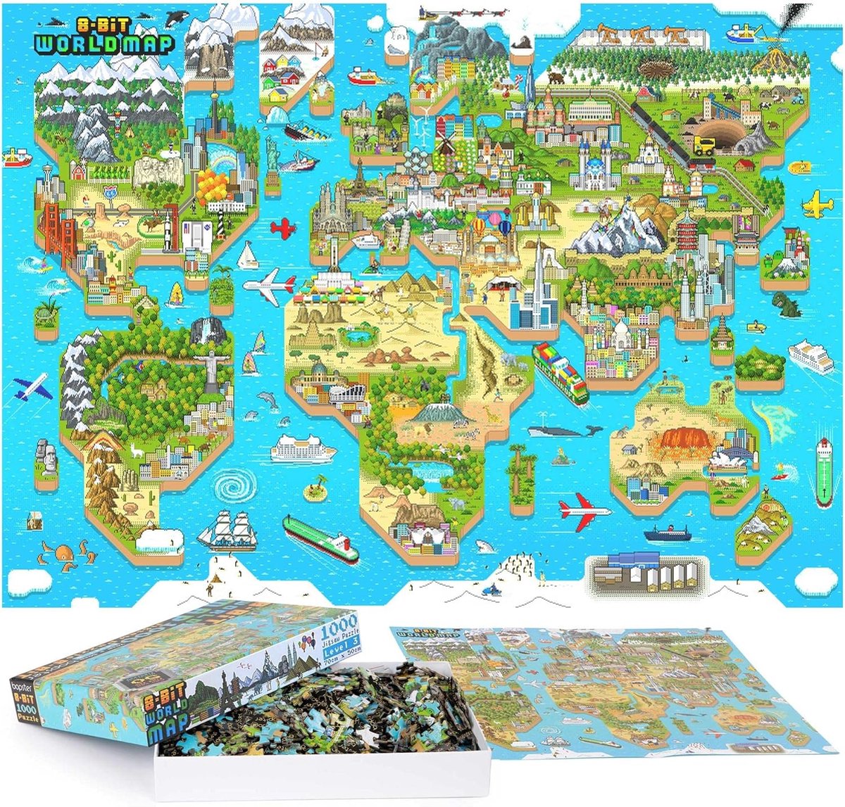 SnelShoppen - Bopster Wereldkaart Puzzel 1000 Stukken voor Volwassenen en Kinderen, Retro Stijl, 8-Bit Wereldkaart, Puzzel voor Geografie, 100% Gerecy