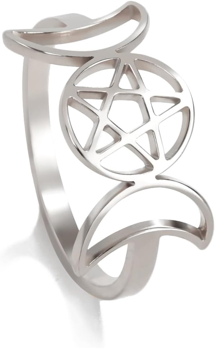 kkjoy Triple Moon Godin Ring Rvs Maan Fase Pentagram Amulet Belofte