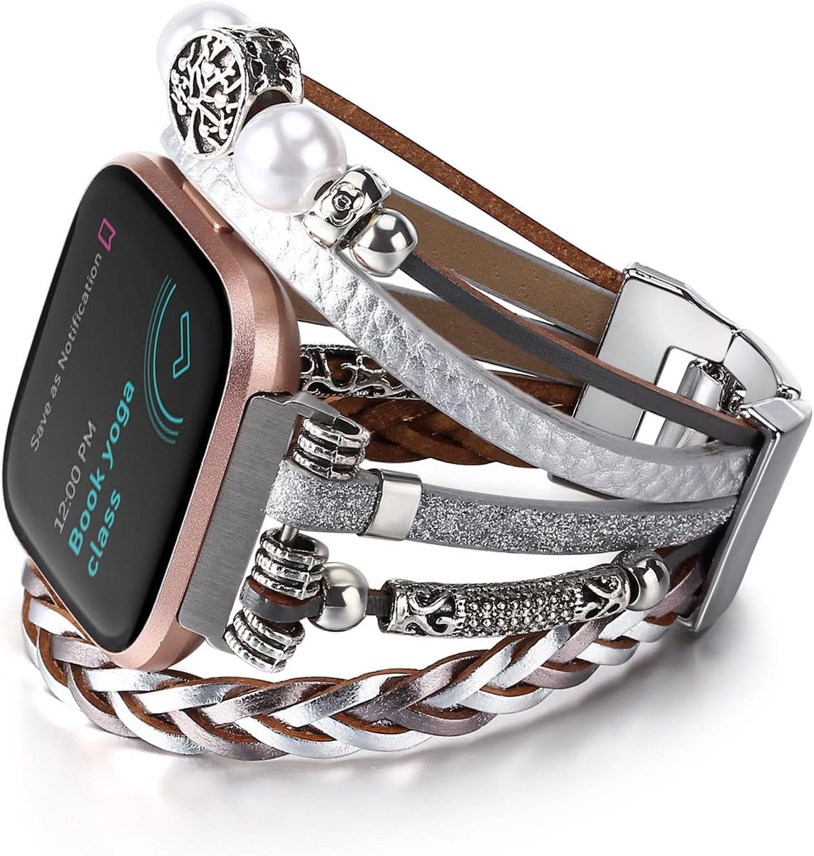 5 wikkelarmband compatibel met Fitbit Versa/Versa 2/Versa Lite/Versa SE kralen horlogeband, handgemaakte 7 chakra stenen kralen armband vervanging horlogeband voor vrouwen mannen
