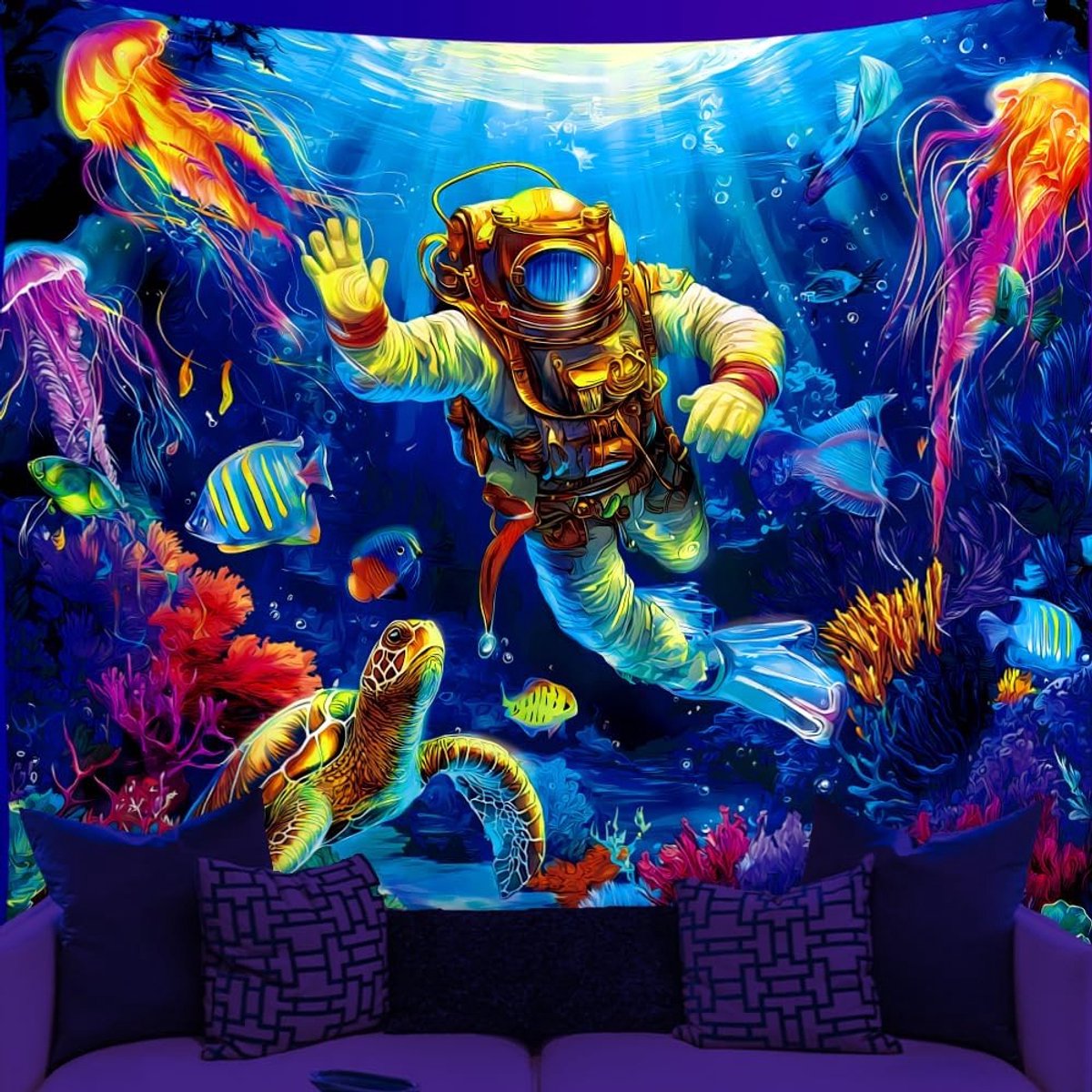 Wandtapijt Blacklight Onder de Zee Astronauten Zeeschildpadden Kwallen Reactief UV Glow in the Dark Wandtapijt om op te hangen voor Slaapkamer Fotoachtergrond 150 x 130 cm