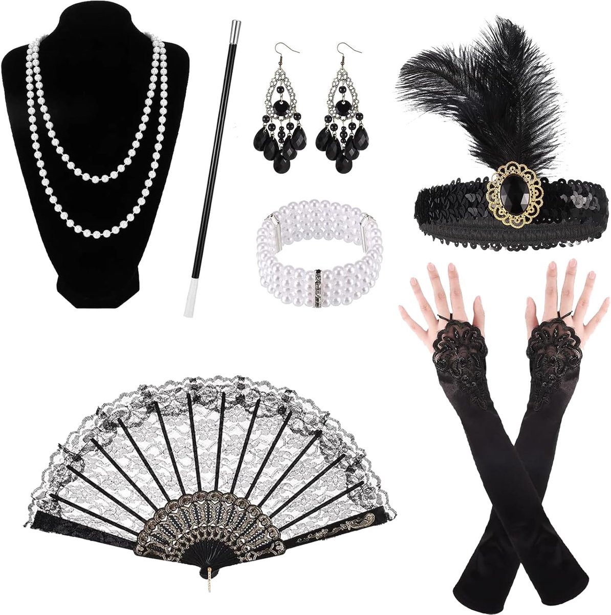 7-Delige Accessoires Voor Dames - Jaren '20-Stijl, Gatsby, Flapper, Charleston Kostuumset - Eindexamenbal