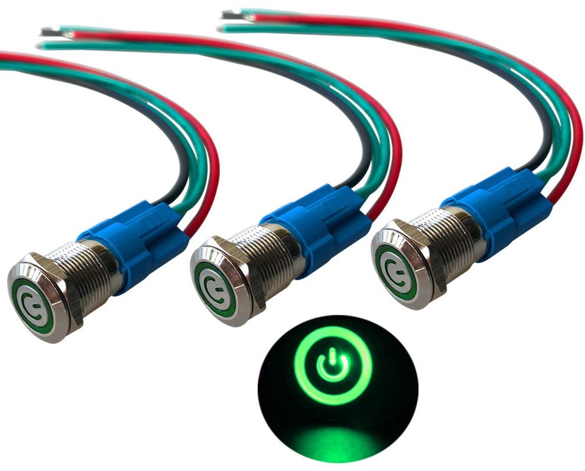 3 Stks Premium 12 mm Zelfvergrendelende Vergrendelbare Drukknopschakelaar, 12 V / 24 V 3 A Auto Ontsteking Startknop Schakelaar, Groen LED-licht Roestvrijstalen IP66 Waterdichte Schakelaar