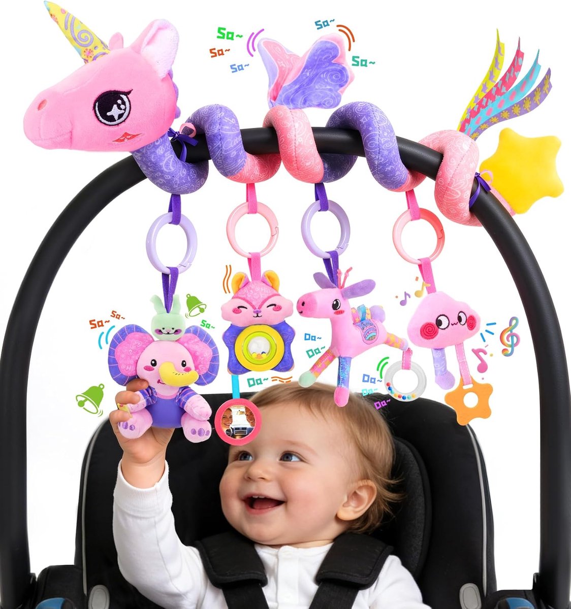 autostoeltje speelgoed voor baby's 0-12 maanden meisje, 5-in-1 sensorisch activiteitsspeelgoed hangend speelgoed voor kinderwagen met rustgevende muziek, rammelaar, spiegel voor