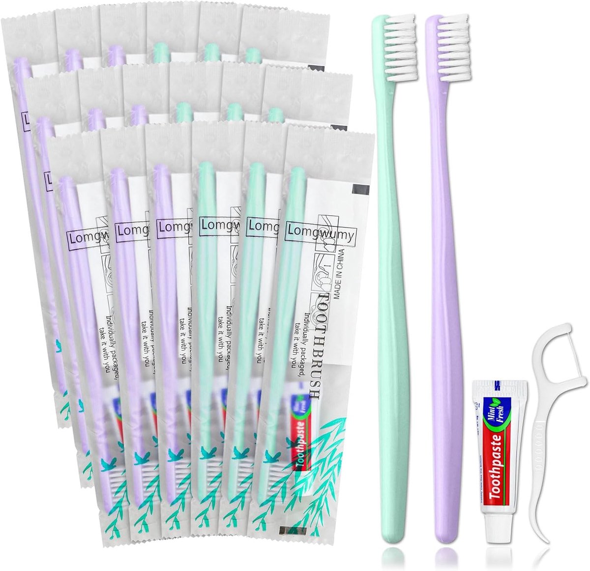 Disposable toothbrush and toothpaste travel set, comes with floss picks, individually packed, 2 colors, suitable for - ShopVlot
