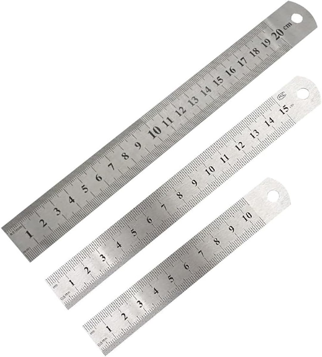 3 stuks roestvrijstalen linialen, metalen linialen, 10 cm, 15 cm, 20 cm, dubbele schaal, dubbelzijdige precisielijn - ShopVlot