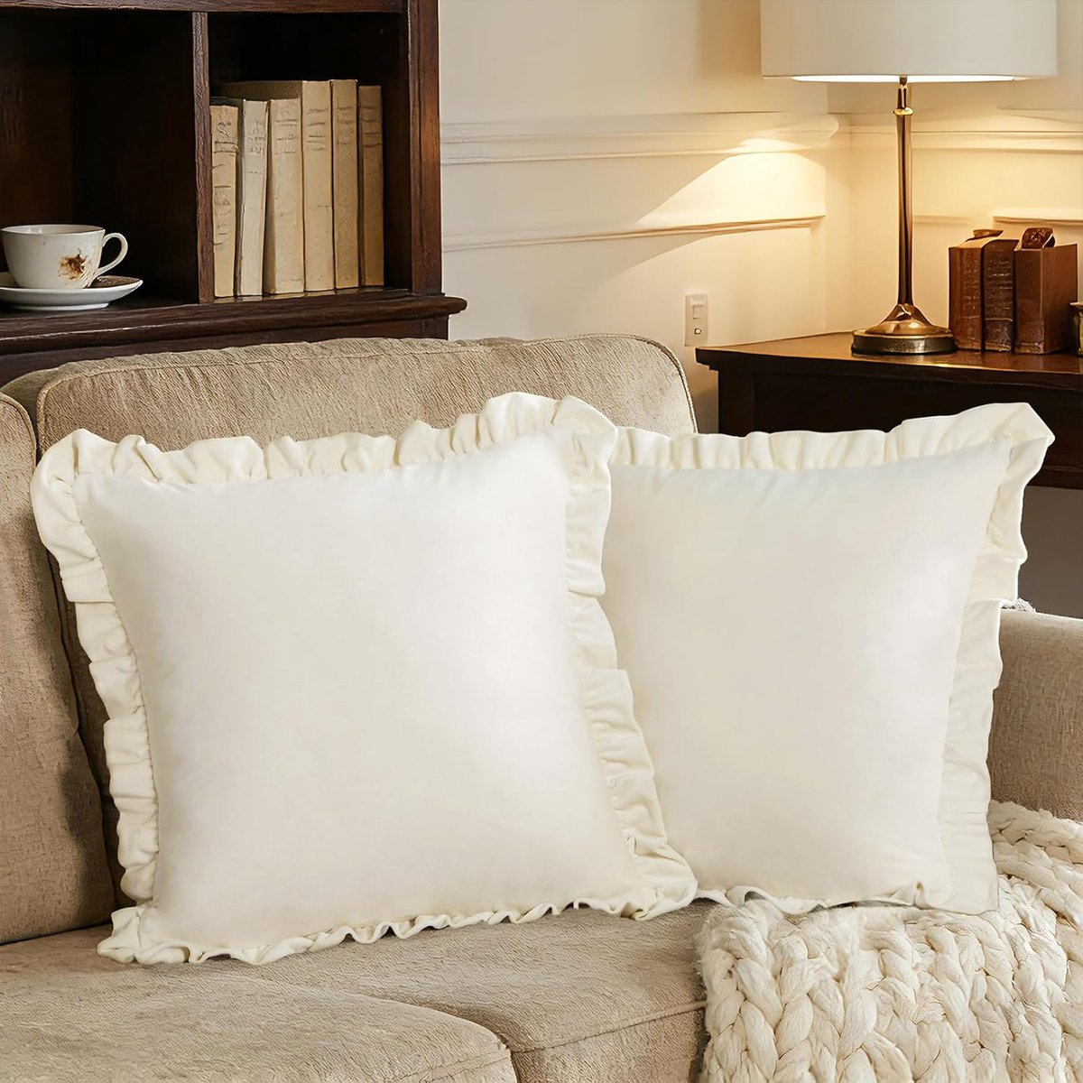 Velvet Cushion Covers Set of 2 45 x 45 cm Square Ivory Cushion Covers Ruched Edges Sofa Cushions Living Room Premium - ShopVlot