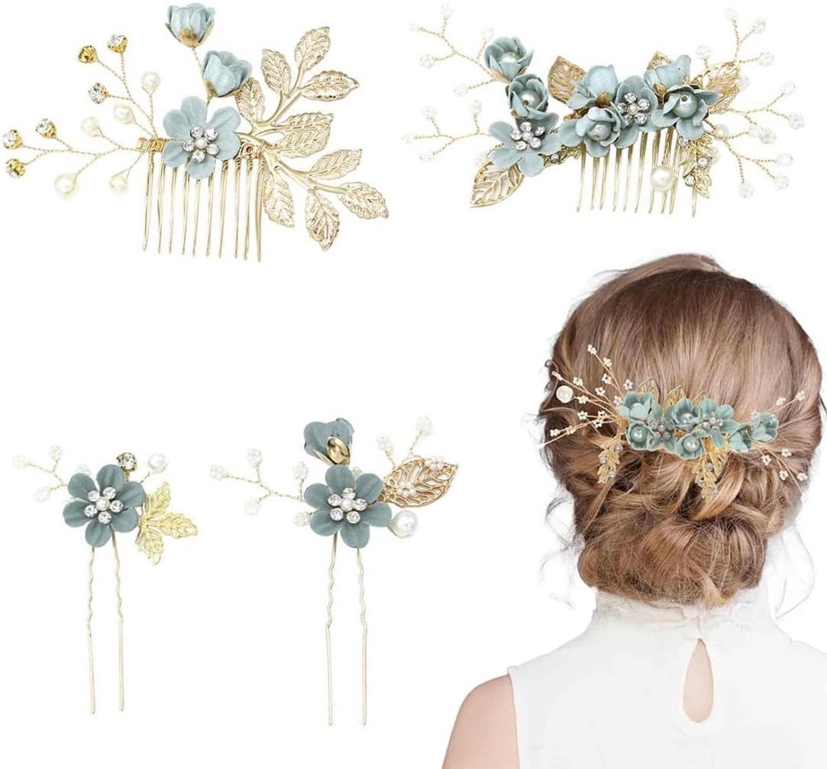 4pcs Hair Comb for Inserting, Rhinestone Hair Accessories Green, Bride Hair Accessories Wedding, Floral Hair Comb for - ShopVlot