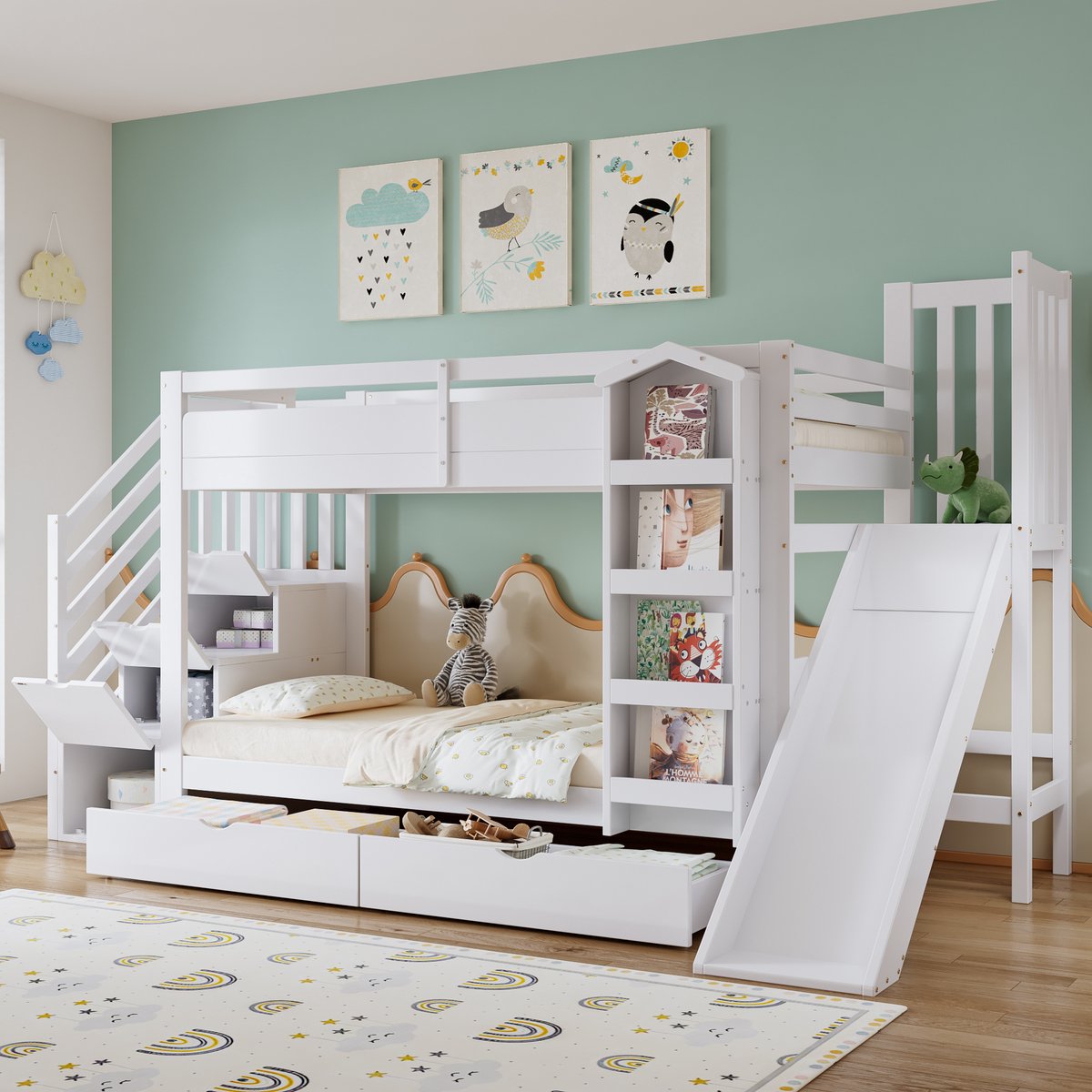 REDOM - Kinderstapelbed - Met glijbaan en drie treden trapkast - Met boekenrek en 2 lades - Hout en MDF - Wit - 90 x 200 cm