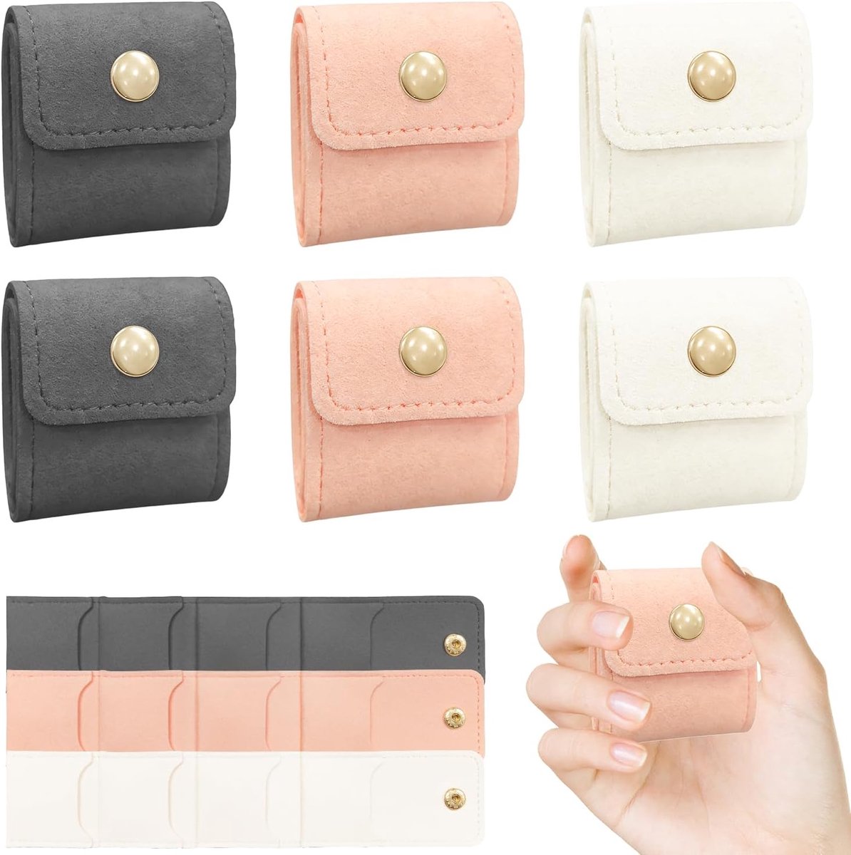 Mini sieraden reisetasjes 6-pack - opvouwbaar - beige/grijs/roze - veilig opbergen van sieraden - ShopVlot
