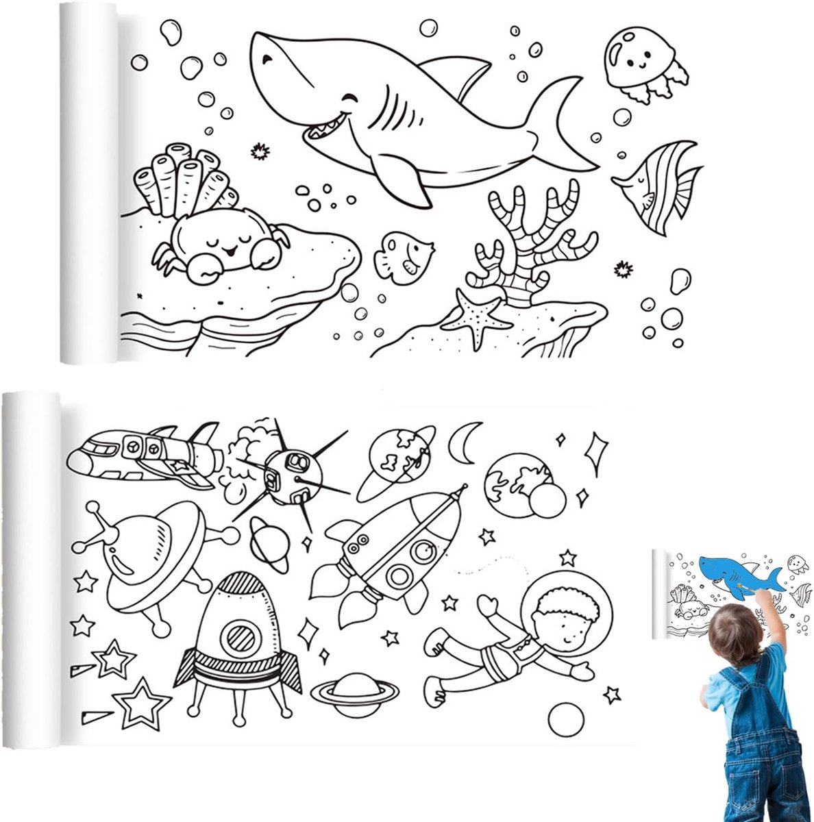 Verfrol voor kinderen - 2 rollen kleurpapier - Onderwaterwereld & Ruimte - 118x30 cm - Stimuleert creativiteit - ShopVlot