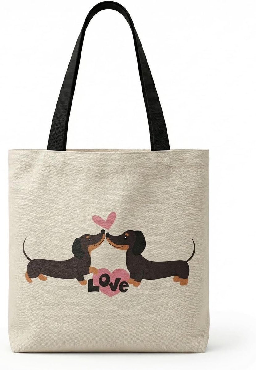 Shopping Bag katoen 40 x 15 cm - beige - schattig teckel ontwerp - ideaal voor dog lovers - ShopVlot