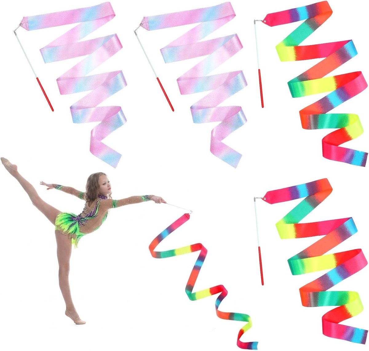 Regenboogdansstokken set van 4 - 198 cm lange banden - ideaal voor ritmische sportgymnastiek - ShopVlot