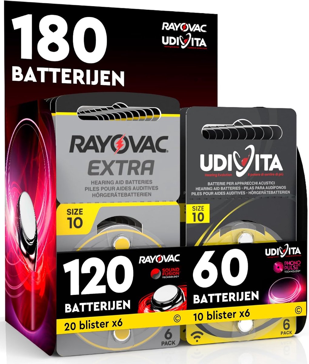 Hoorapparaatbatterijen 180 stuks - 120 Rayovac + 60 Udivita - Lange levensduur - Geschikt voor alle merken - ShopVlot