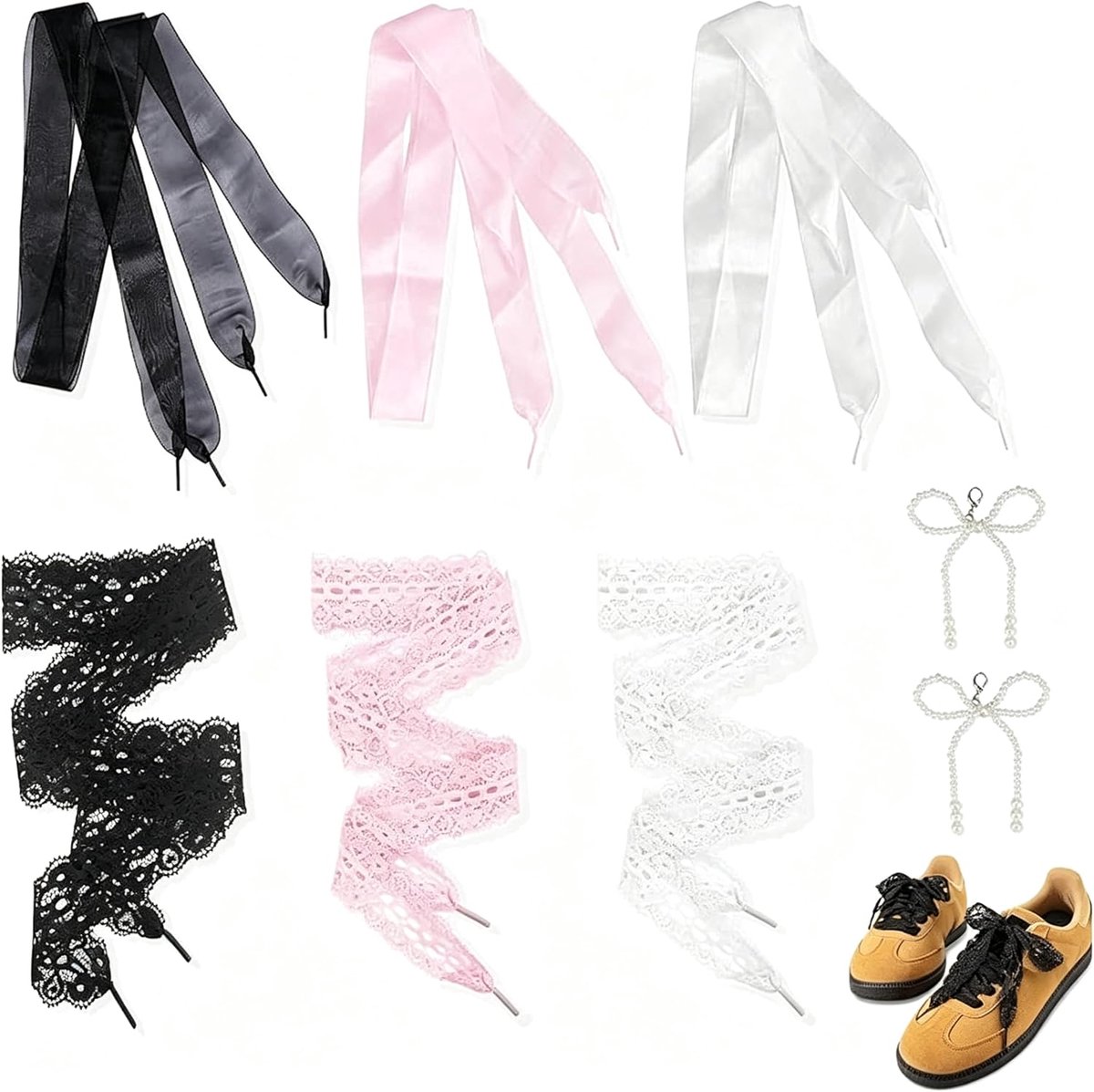 Schoenveters 6 Pairs - 3-4cm Brede Platte Chiffon - Inclusief 2 Schoen Charms met Strik - ShopVlot