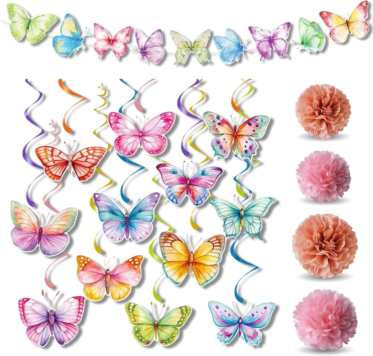 Vlinders Hangende Swirls - 29 Stuks Vlinderdecoratie - Kleurige Papieren Pompoms - Perfect voor Feesten - ShopVlot