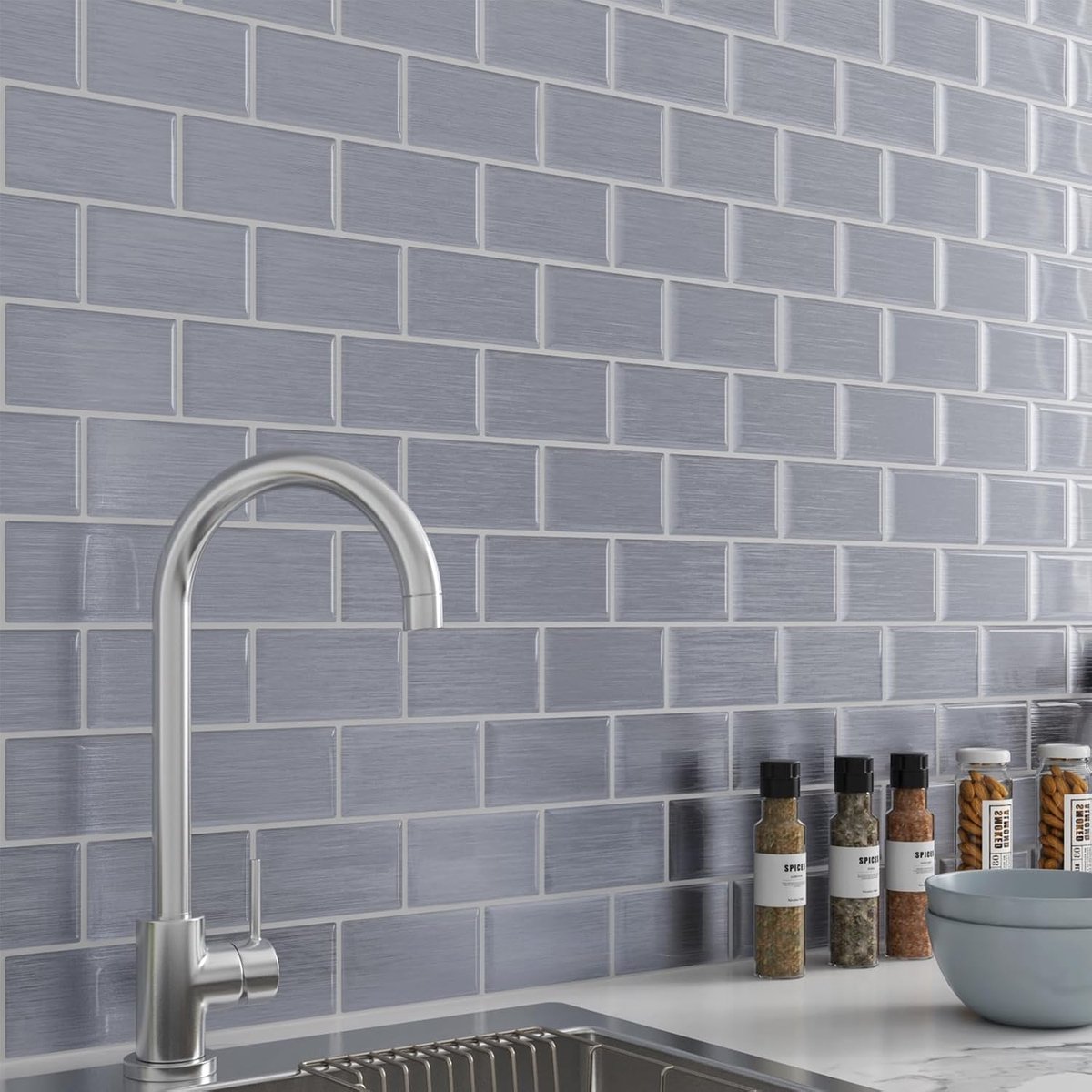 LaCheery Self-Adhesive Tiles Kitchen Wall Tile Stickers Bathroom Grey Silver Pack of 4 Wall Tiles Self Adhesive - ShopVlot
