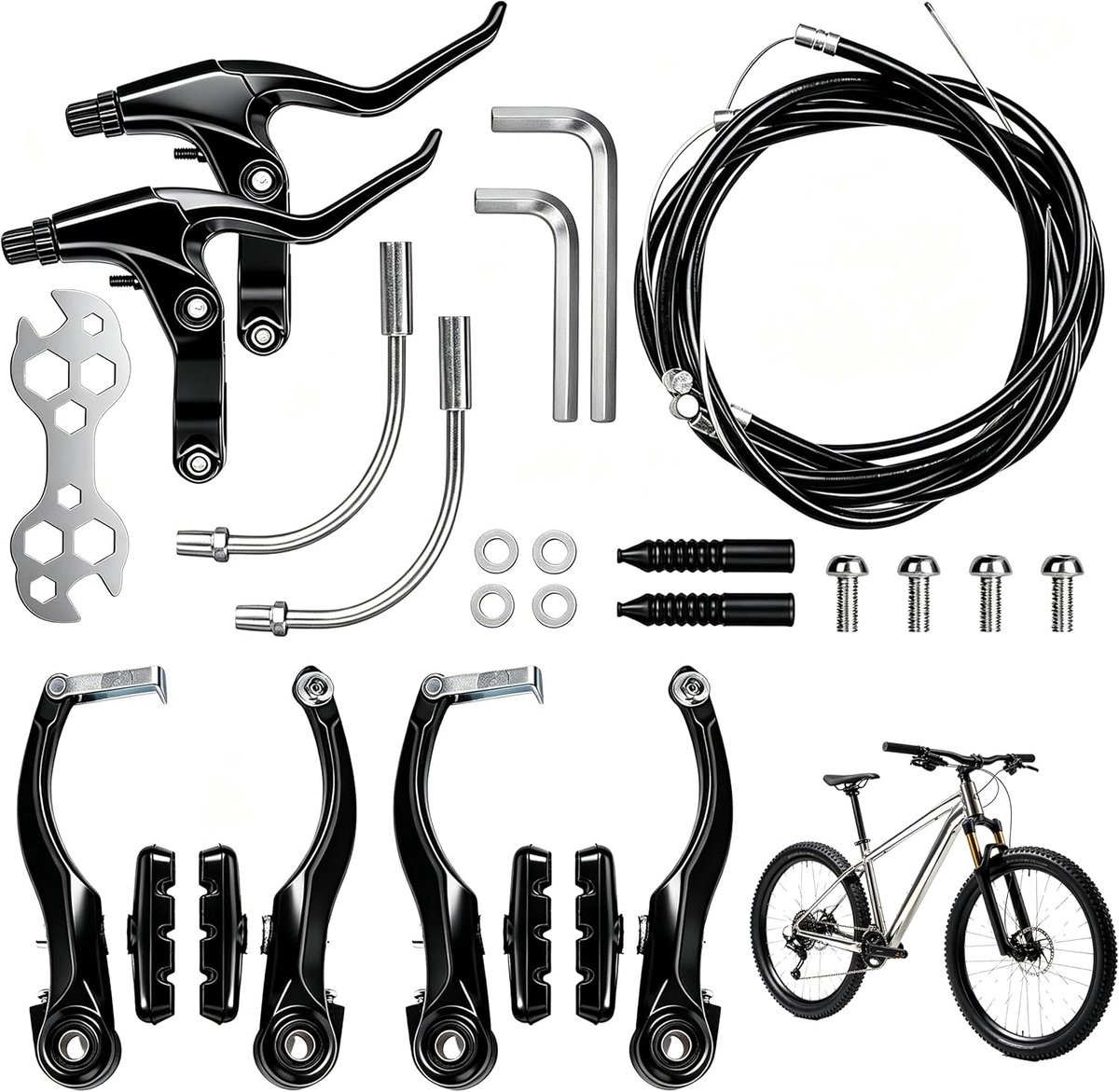 Complete Universal Bicycle Brake Set, Black, V-Brake Set with Brake Levers, Brake Cables and Brake Pads for MTB and - ShopVlot