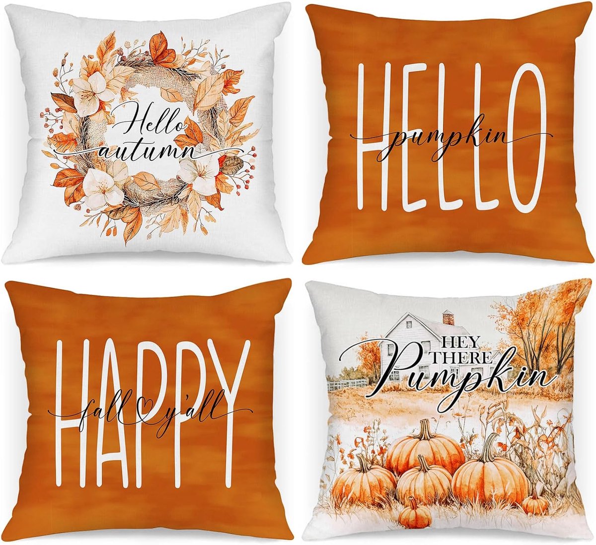 Benjia Autumn Throw Pillow Covers 18x18 Inch Set of 4 Watercolor Pumpkin Wreath Decorative Holiday Pillow Covers for - ShopVlot