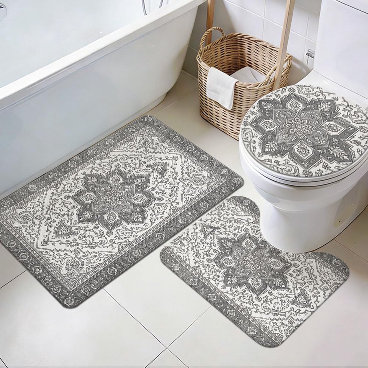 3-delige boho vintage badkamermatset, wasbaar, wc-deksel, stambloemenpatroon, waterabsorberend, zacht, antislip, voor - ShopVlot