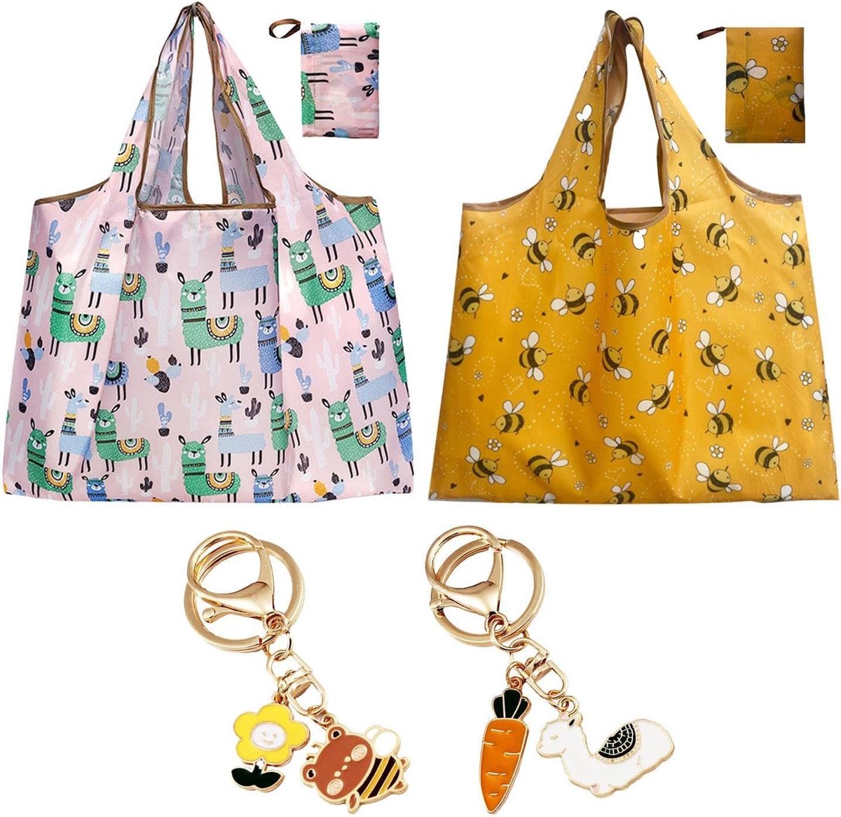 2 Pieces Foldable Shopping Bags and 2 Pieces Key Chains, Bee Alpaca Pattern, Size 58×66cm, Reusable Shopping Bag. - ShopVlot