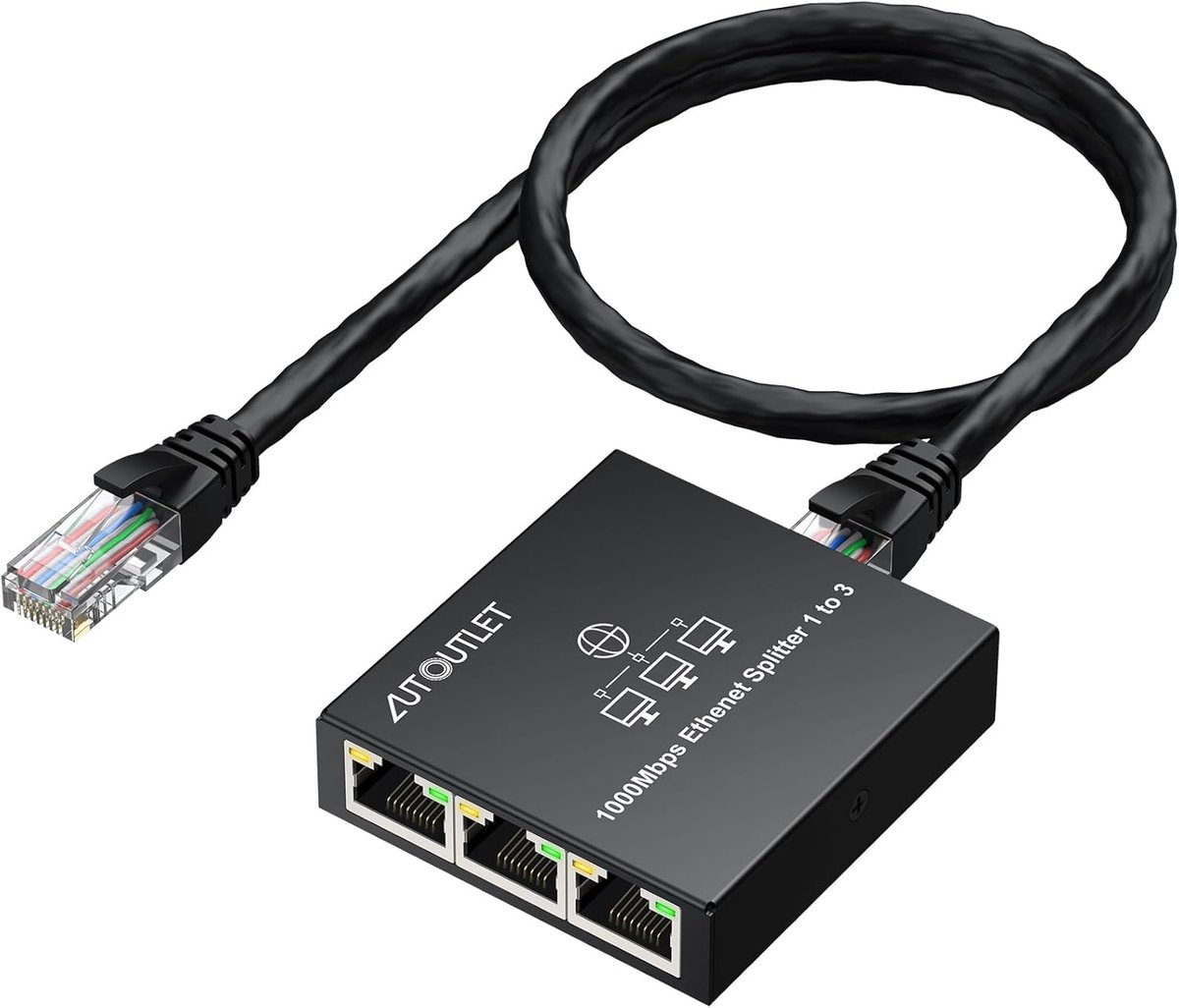 Ethernet Splitter - RJ45 Adapter - Netwerk Uitbreiden - 1 naar 3 Poorten - Gigabit Snelheid - Zwart