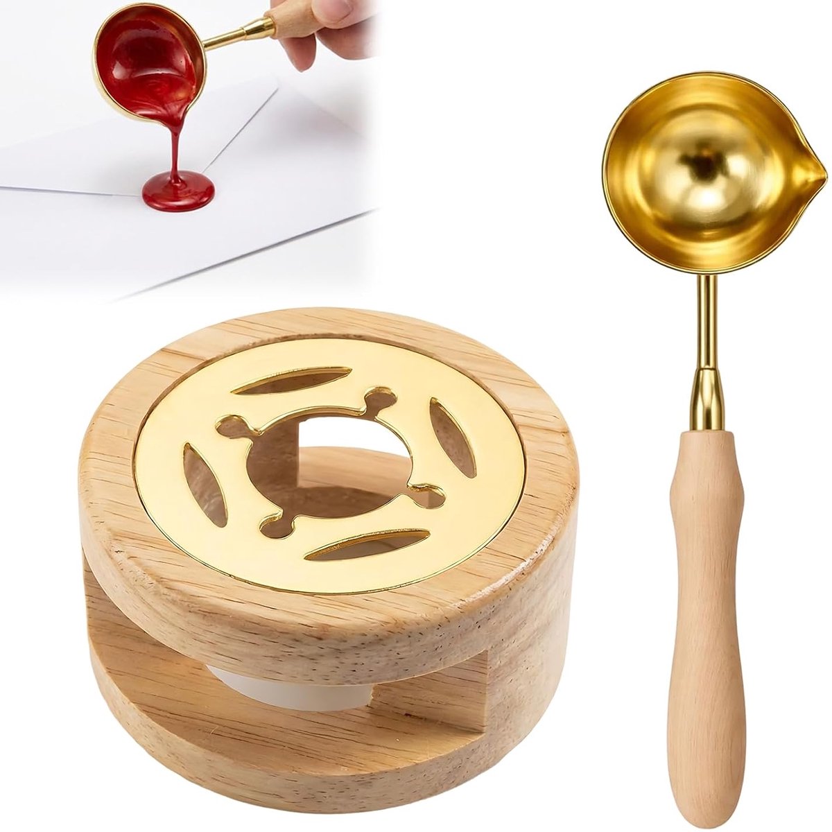 Waszegelwarmer goud, beukenhoutkachel, waszegelset, waszegelwarmer voor het verzegelen van enveloppen - ShopVlot