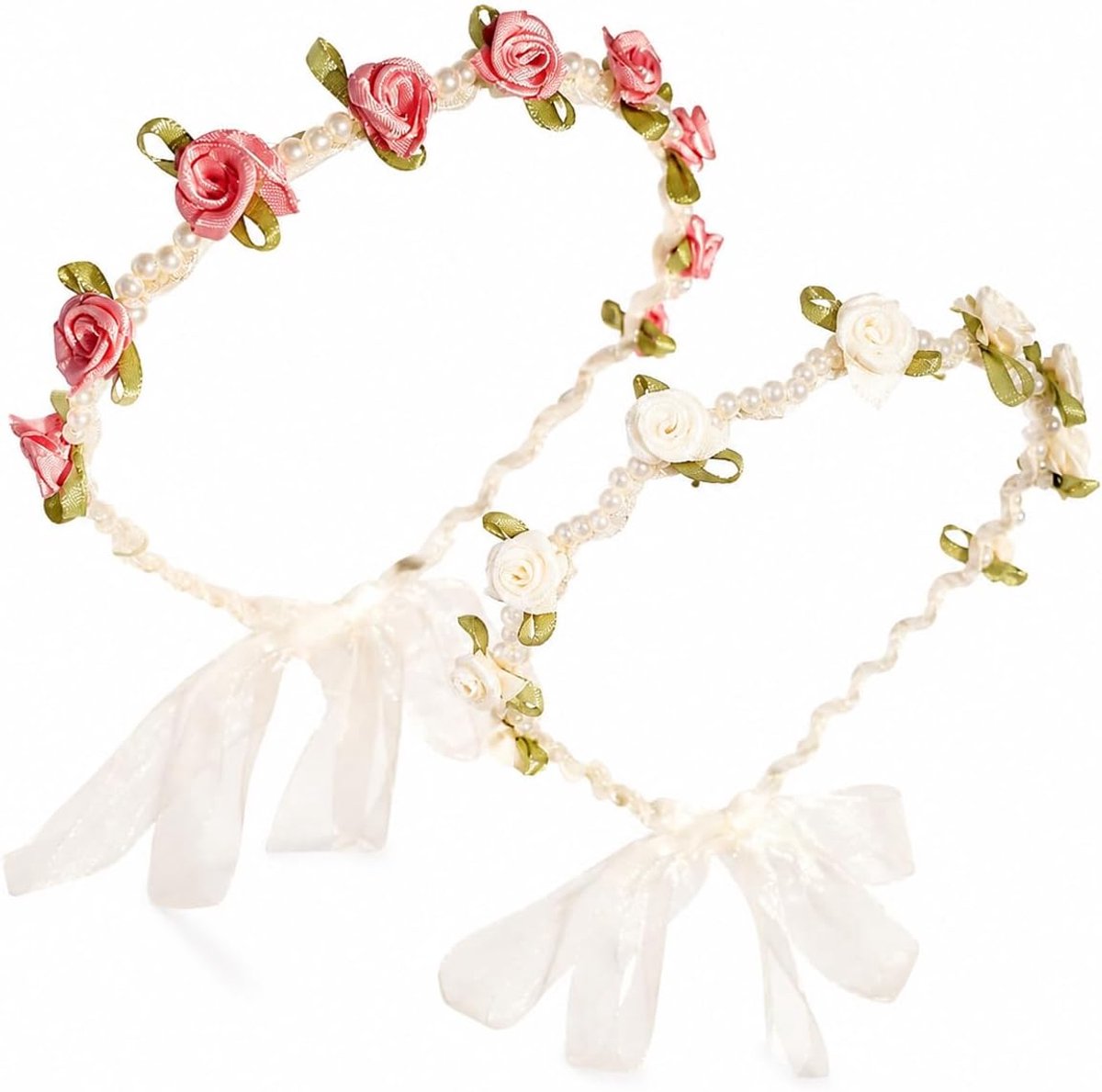 2 stuks hoofdband roos bloemenkrans haar kinderen bloemen haarband met parels - ShopVlot