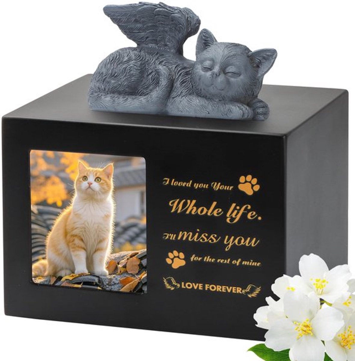 Kattenurn Duurzaam - Herinneringsdoos - Houten Urn - Beeldje van Harskat - Fluwelen Zak - Hoogwaardige Kwaliteit - Herinneringsurn