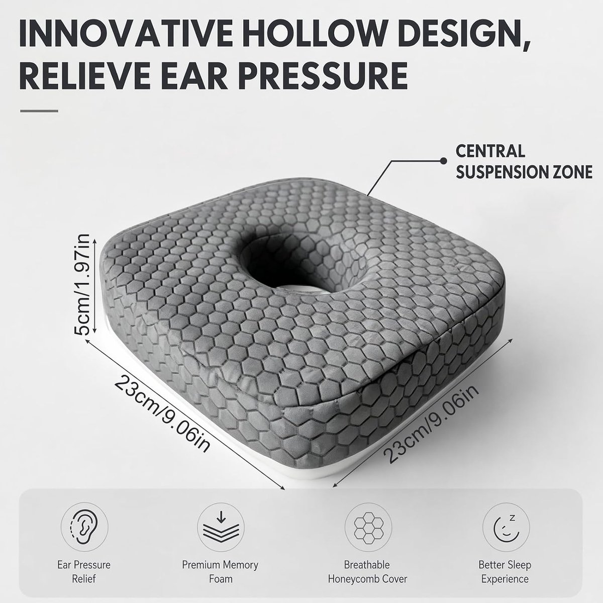 Slaappillow voor zijslapers 23 x 23 x 2 cm - Geheugenschuim - Drukverlichting voor het oor - Ergonomisch comfort - ShopVlot