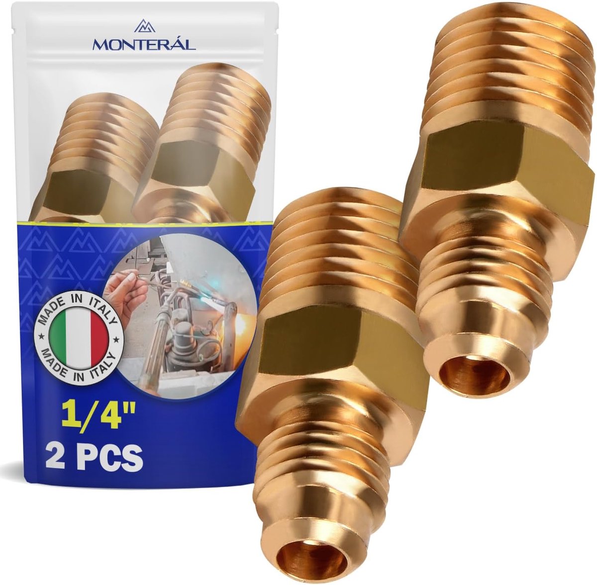 SAE thread adapter 1/4 inch NPT 1/4 inch - 2 stuks - gemaakt in Italië - ideaal voor koppelen van koperen leidingen - ShopVlot