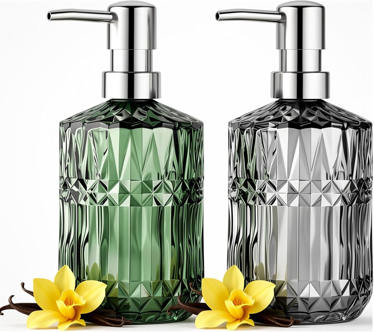 Zeepdispenser set van 2 - Glas 450 ml - Groen + Grijs - Herbruikbaar voor handzeep of shampoo - ShopVlot