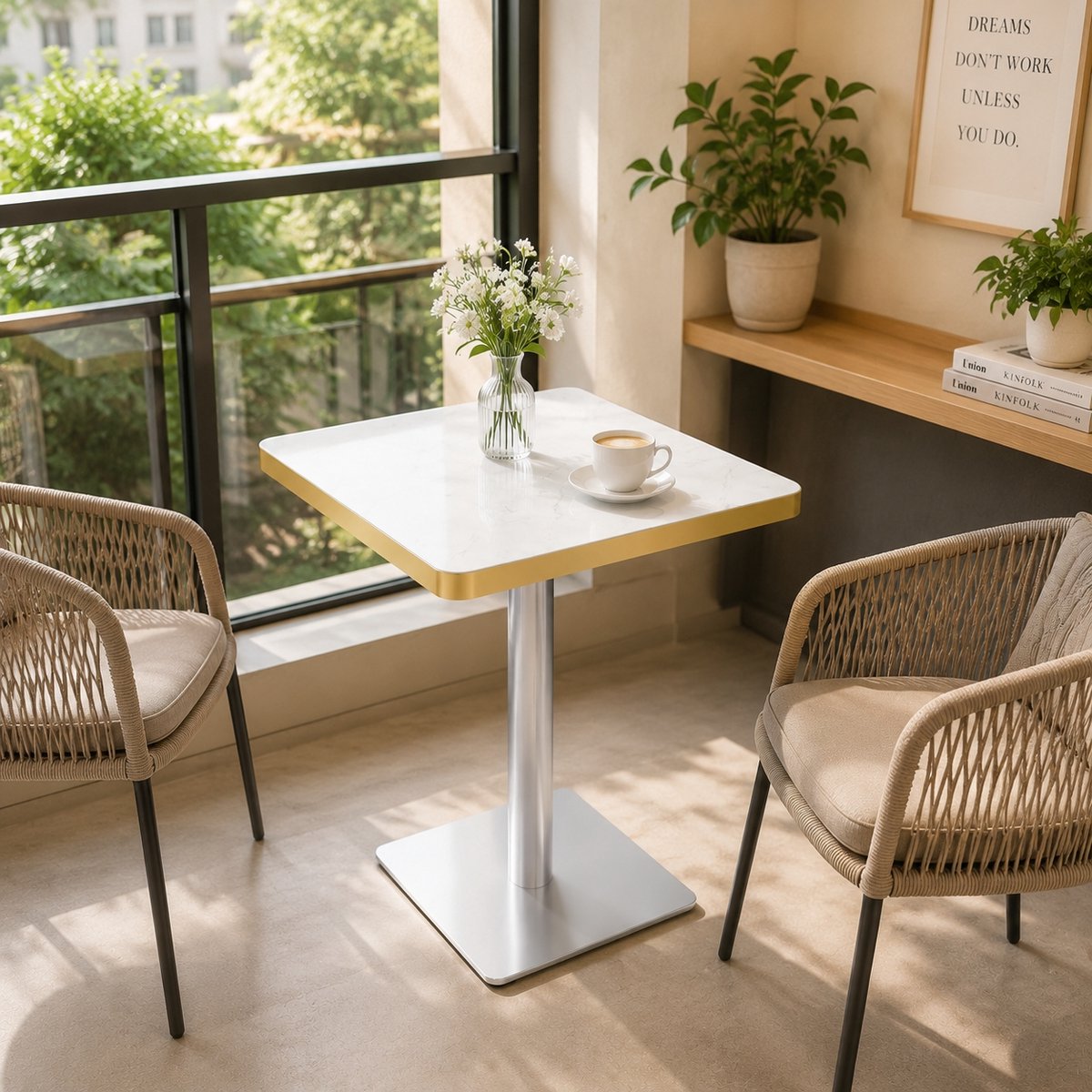 MIVRAY Eettafel - Vierkante Tafel Met Marmerlook En Gouden Rand - Voor Eethoek, Bistro En Café - MDF En Metaal - 60x60x74 Cm - Wit